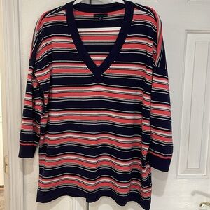 TOMMY HILFIGER V-NECK, Drop Shoulder, 3/4 Sleeve Top. Black/Salmon/Silver, XL.